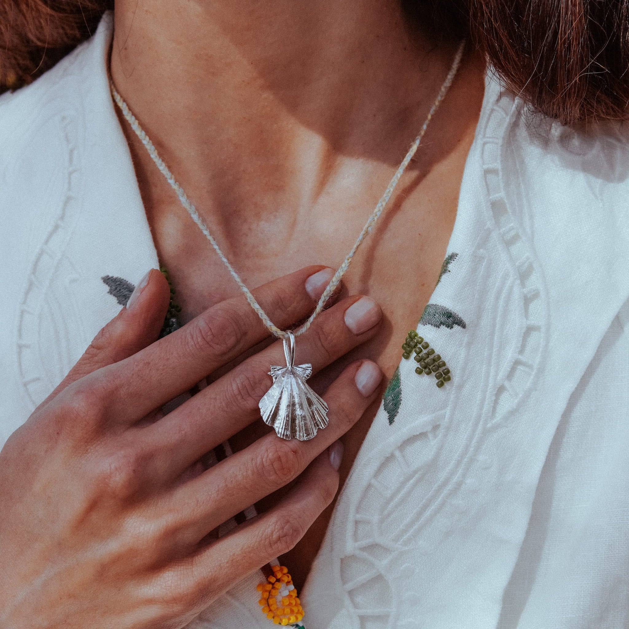 Beachcomber Shell Necklace Woven Cord | Sterling Silver