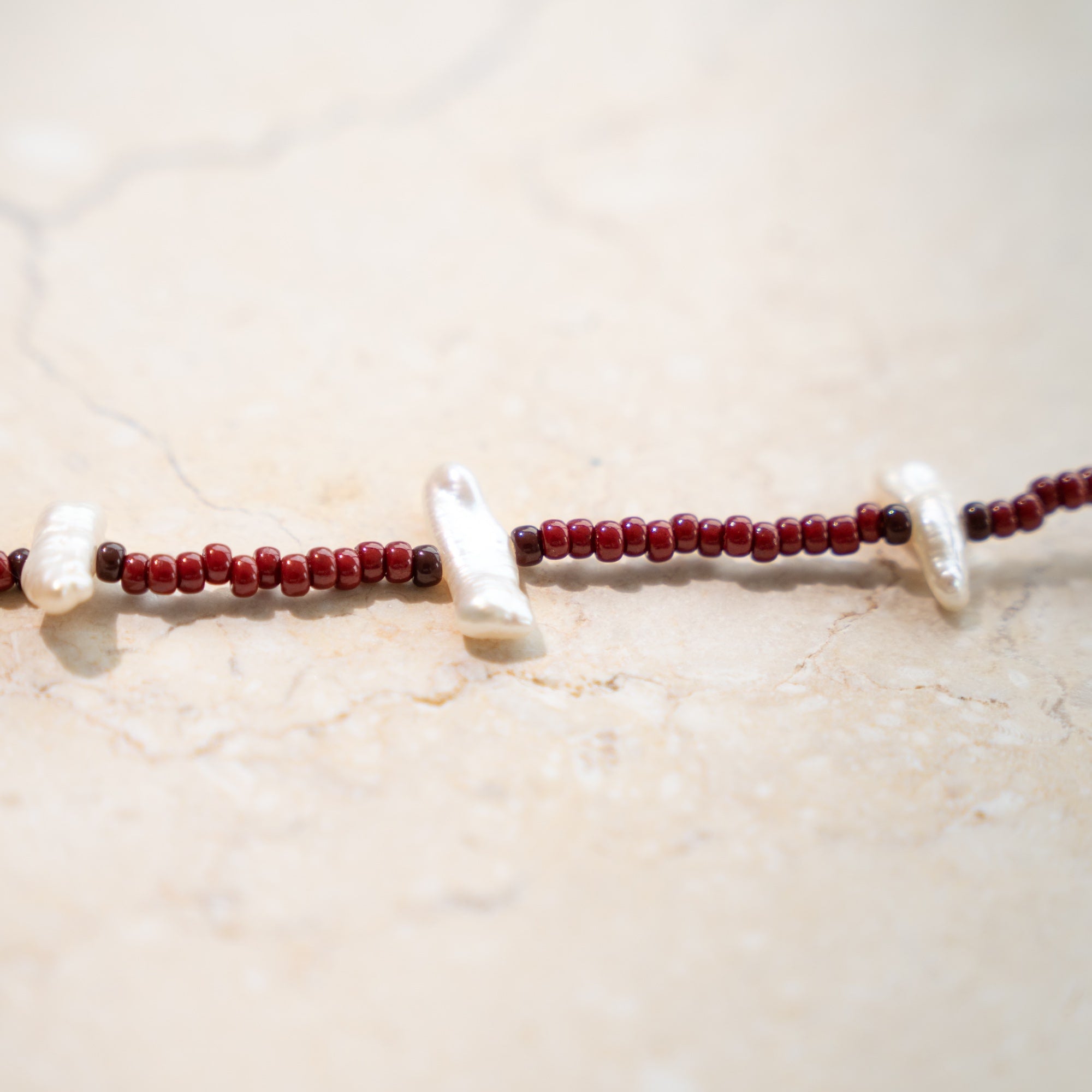 Japanese Miyuki Bead Necklace | Burgundy & Biwa Pearl