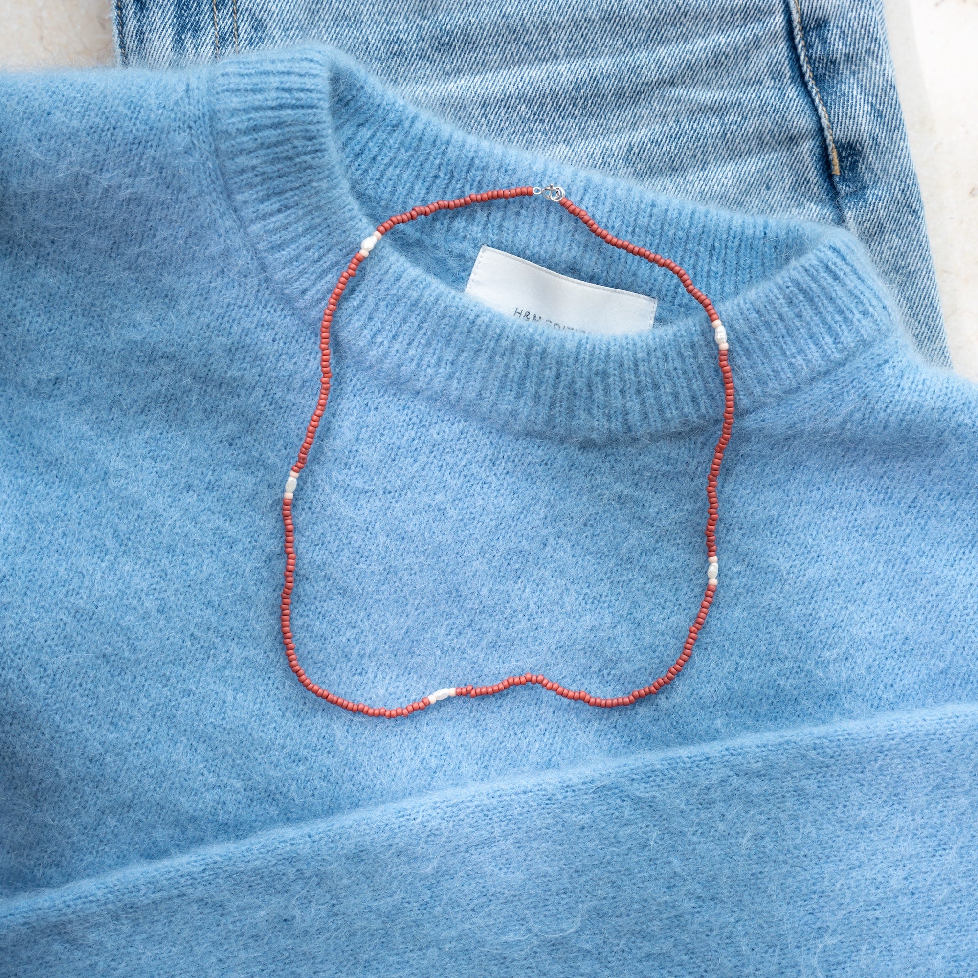 Japanese Miyuki Bead Necklace | Terracotta & Pearl