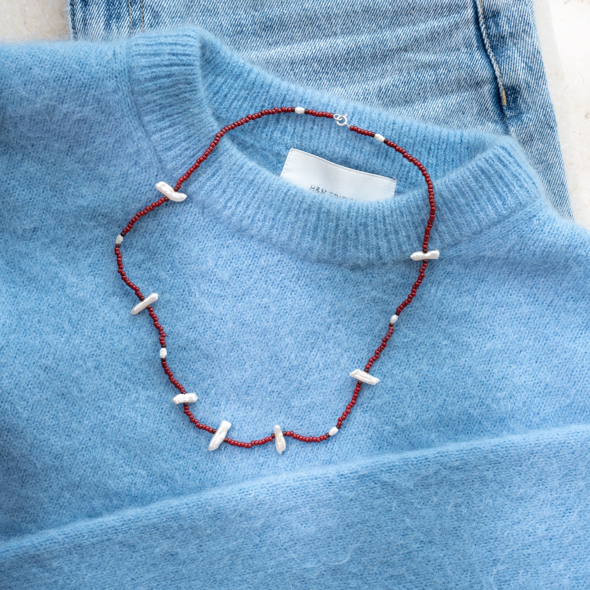 Japanese Miyuki Bead Necklace | Burgundy & Biwa Pearl