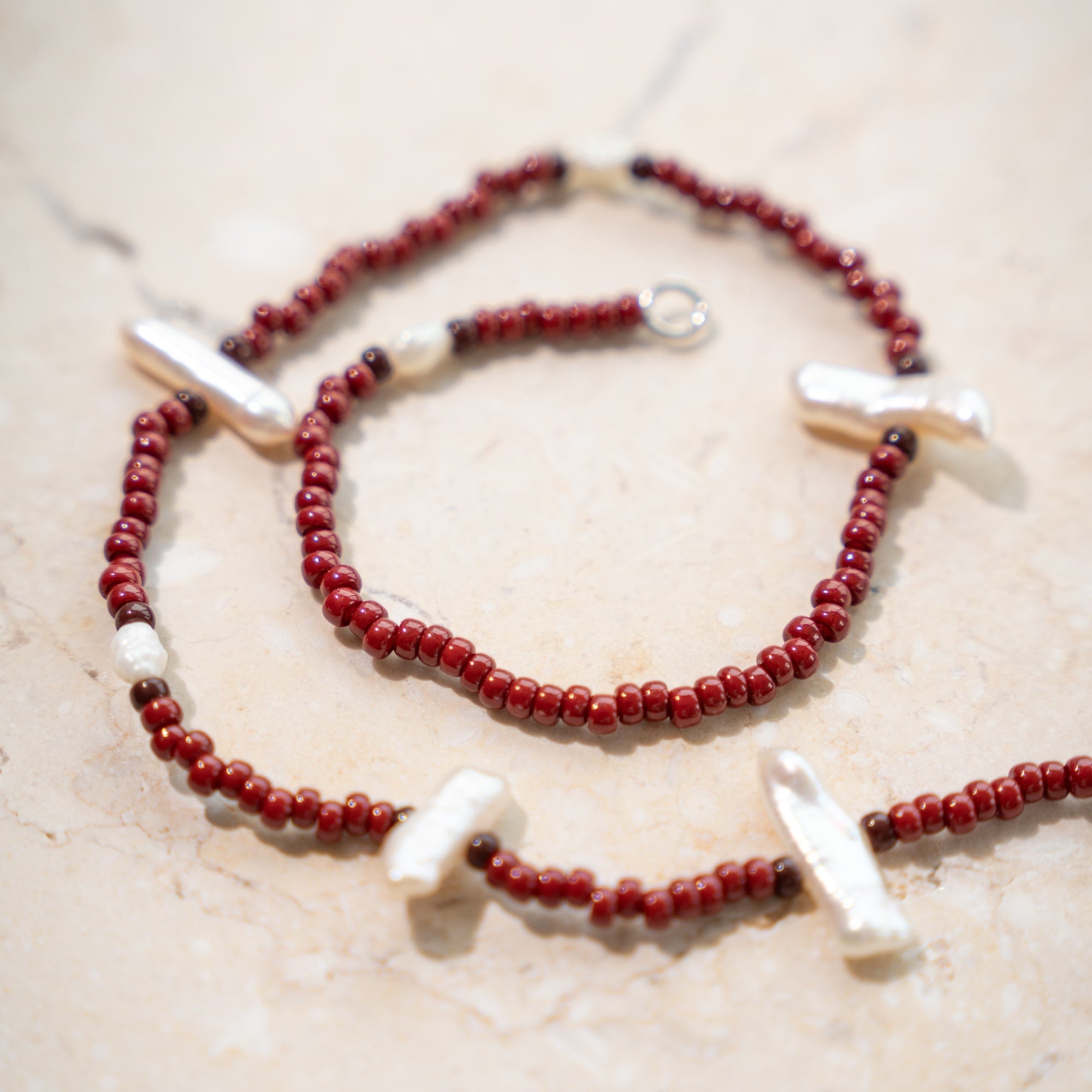 Japanese Miyuki Bead Necklace | Burgundy & Biwa Pearl