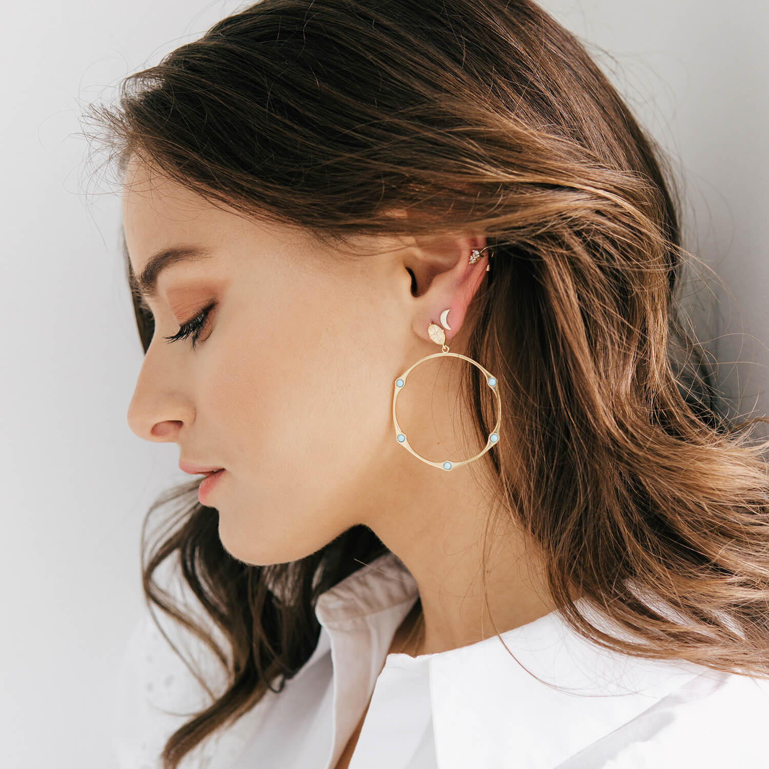 Bamboo Turquoise Hinged Shell Top Hoop Earring