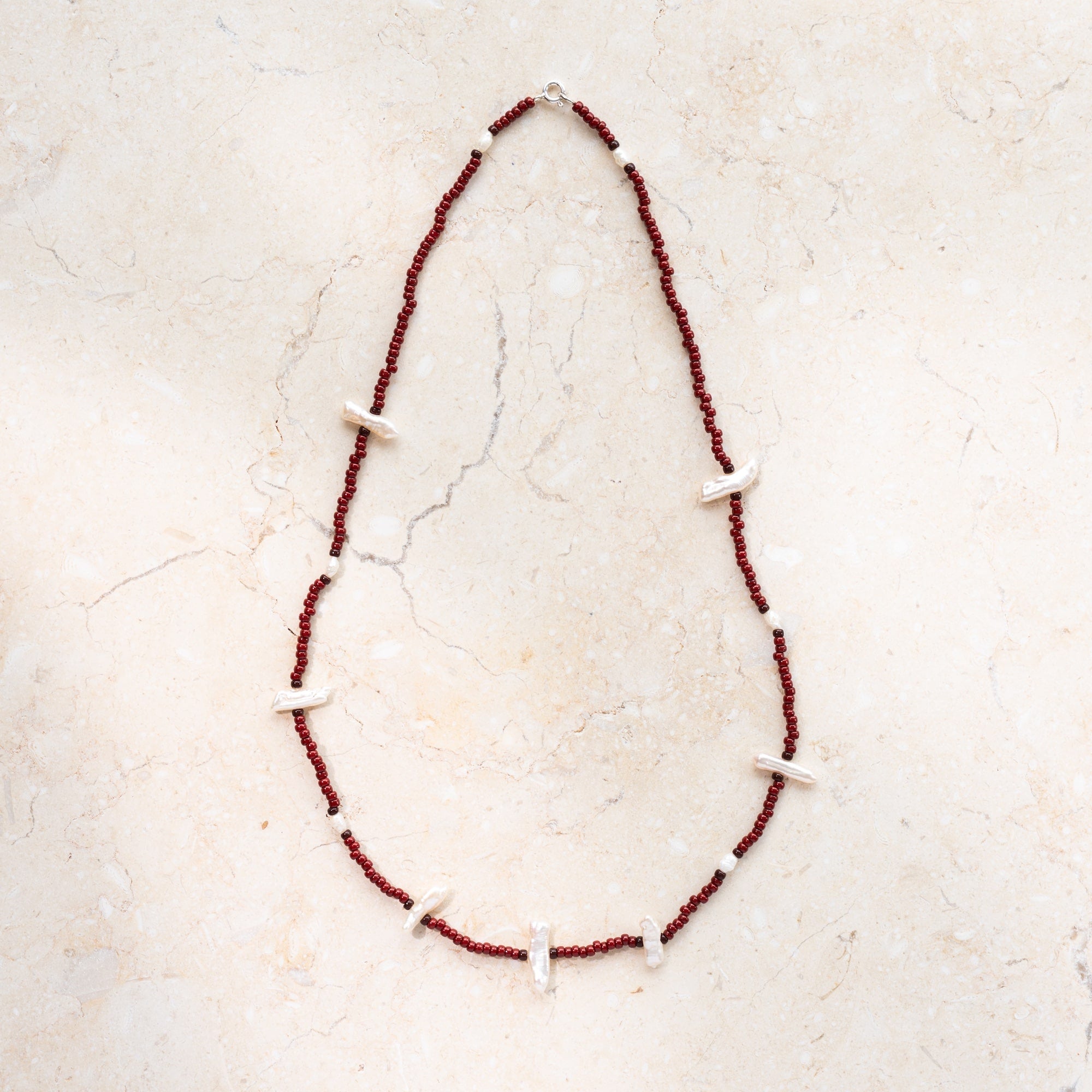 Japanese Miyuki Bead Necklace |  Burgundy & Biwa Pearl
