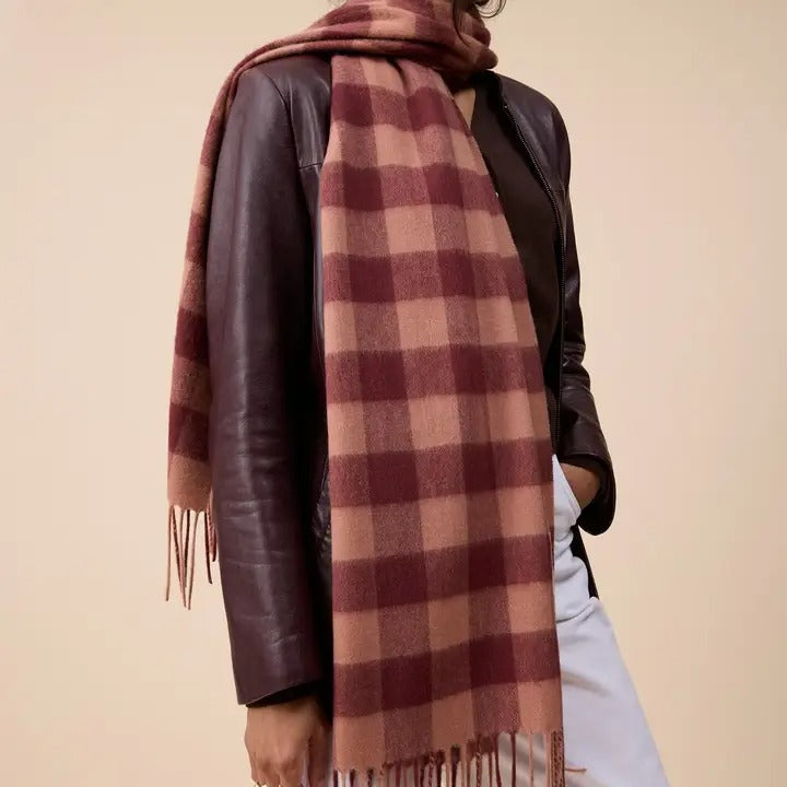 Lambswool Oversized Scarf in Fig Gingham
