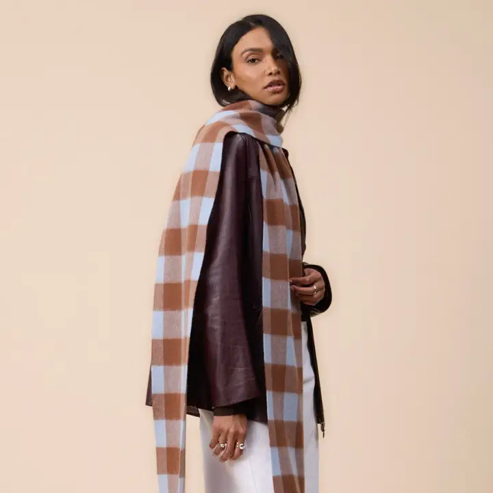 Lambswool Skinny Scarf in Brown & Blue Gingham