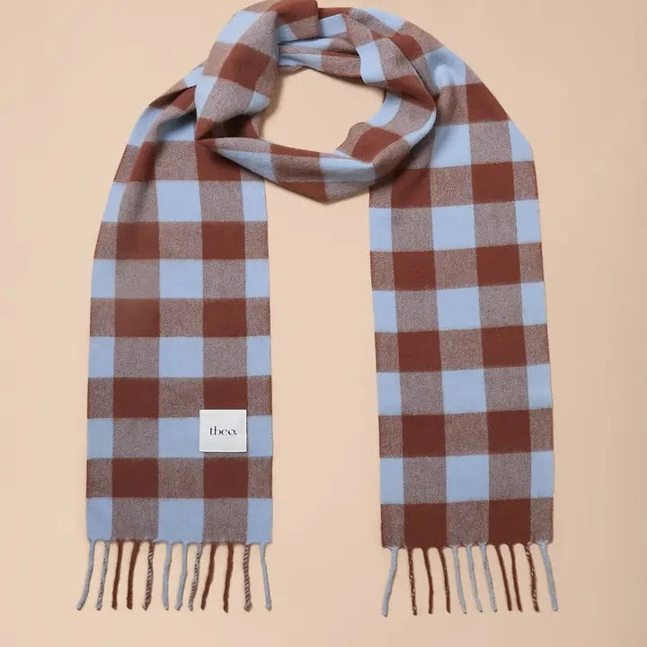 Lambswool Skinny Scarf in Brown & Blue Gingham