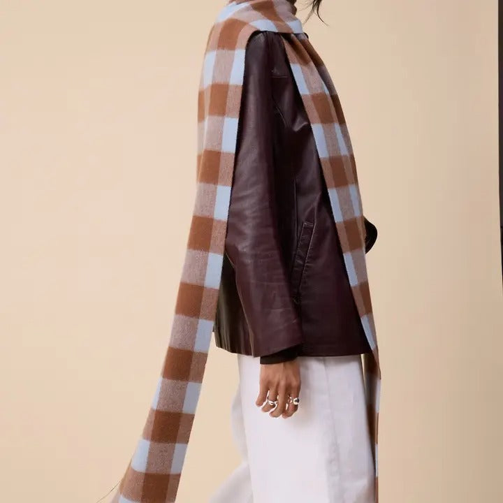 Lambswool Skinny Scarf in Brown & Blue Gingham