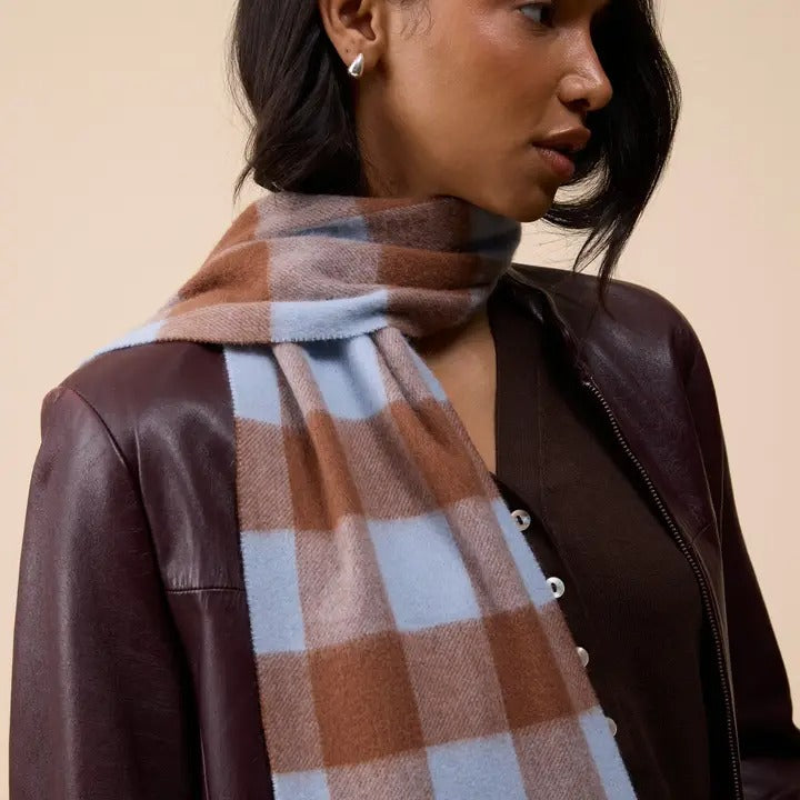 Lambswool Skinny Scarf in Brown & Blue Gingham