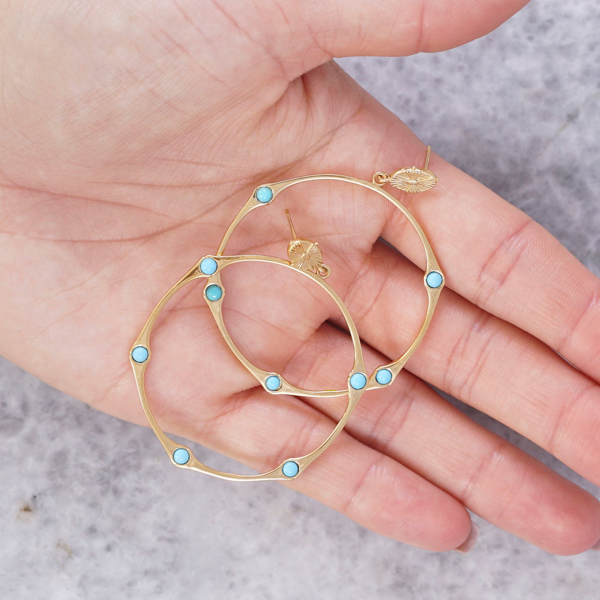 Bamboo Turquoise Hinged Shell Top Hoop Earring